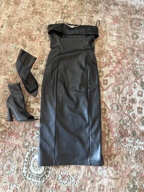 Forever 21 Black Strapless Faux Leather Midi Dress